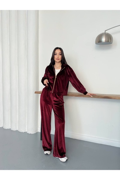 timagna Kadın Alt Üst Takım Fermuarlı Kadife Kapüşonlu Hırka Geniş Paça Panto...