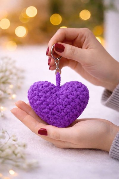 AresTokaAksesuar Velvet Hand Knitted Heart Keychain Bag Charmi