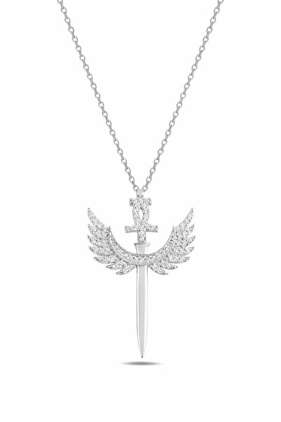 ÇEKİRDEK JEWELRY 925 Ayar Gümüş Kanatlı Kılıç Kolye – Zirkon Taşlı Melek Kana...