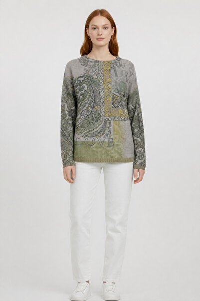 Neden Tekstil Gray Shawl Patterned Love Written Crew Neck Knitwear Sweater