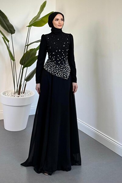 MERVEN AKYÜZ Liyana Üstü Taşlı Asimetrik Kesim Abiye Siyah