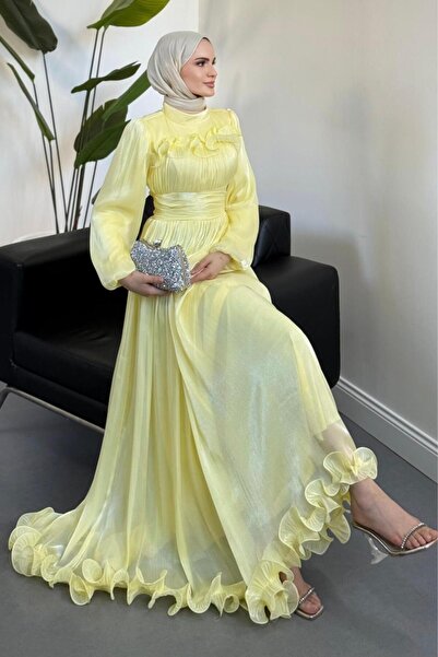 MERVEN AKYÜZ Maryam Altı Ve Göğüs Kısmı Fırfırlı Janjan Abiye Butter Yellow