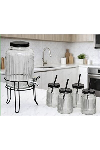 Manolex Dispenser de sticlă de 4 litri cu robinet și suport + 4 pahare de 450 ml