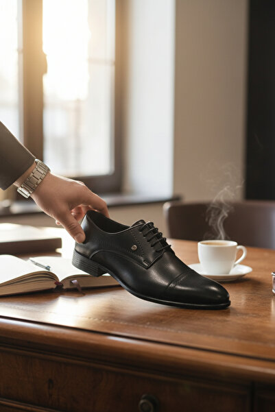 enoch Genuine Leather Black Lace-Up Men's Classic Shoes with Metal Emblem