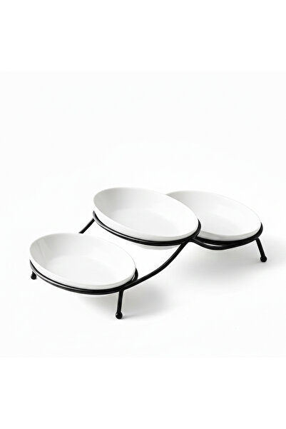 SHALLOW White Porcelain&Oval Serving Bowls with Metal Stand – 3 PCS (18cm) | ...