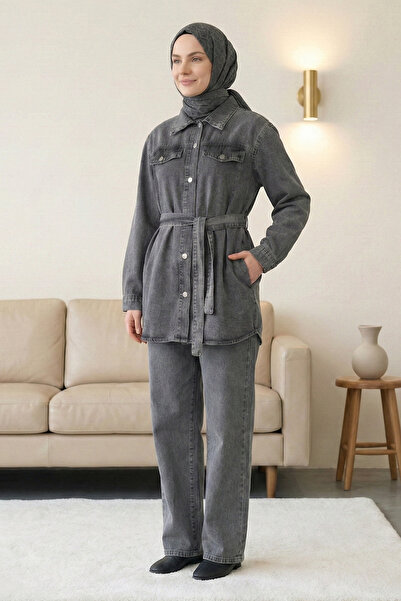 FERHEL Women's Buttoned Jeans Set with Pockets and Belt - Smoked