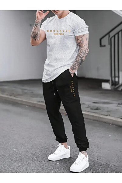 puolikuu Men's Oversize Tracksuit Set - Printed Tshi̇rt with the Word Brklyn ...