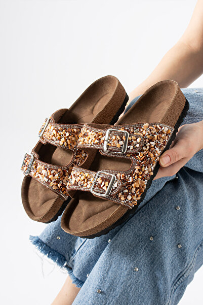 Moda Devrin Bronze Double Buckle Stone Orthopedic Sole Slippers