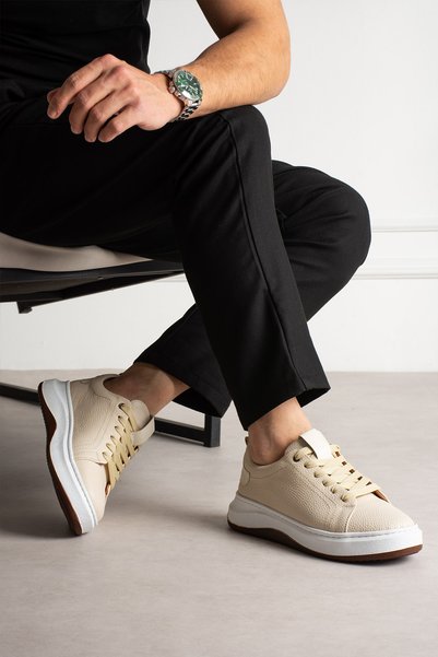 Victoris Atlas Genuine Leather Beige Men's Classic Lace-Up White Thick Sole Casual Sneaker