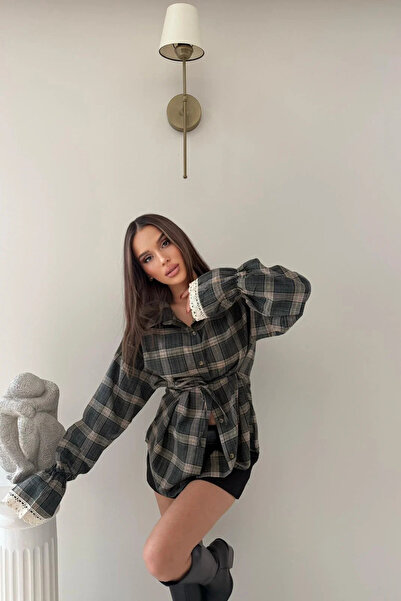 Sorridi Plaid Shirt with Lace Sleeves and Tie Back