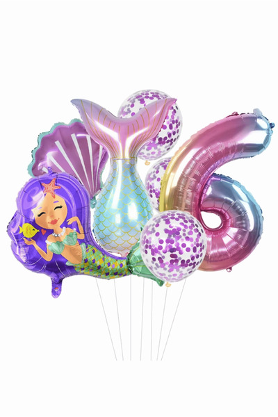Bunloon Purple Color 6-Piece Mermaid Themed Balloon Set for 6-Year-Olds