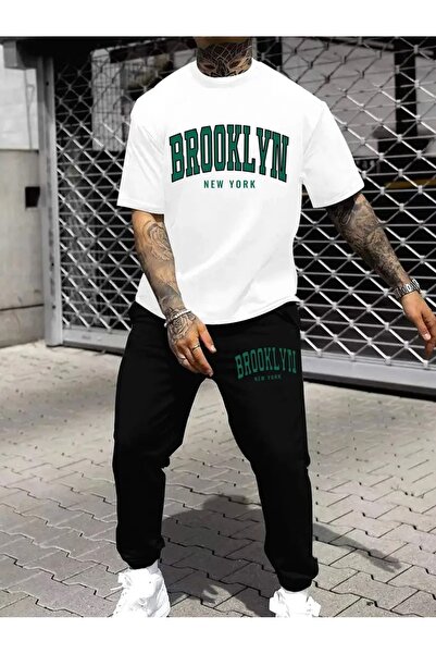 puolikuu Men's Oversize Tracksuit Set - Broklyn Printed T-Shirt - Tracksuit