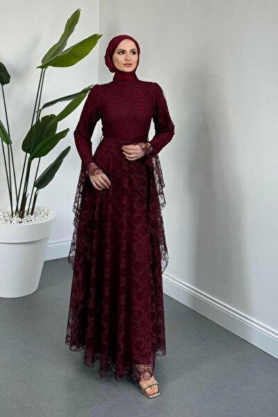 MERVEN AKYÜZ Samra Mevlana Kesim Dantel Abiye Bordo