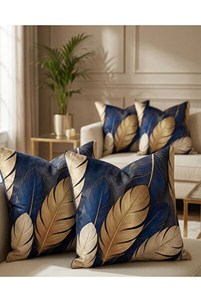 menesahome Navy Blue Gold Feather Patterned Digital Printed Set of 4 Decorati...