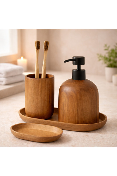 esdekor 4’lü Ahşap Banyo Seti Alessi Kahverengi Akasya Renk 550 ml Tepsili Sa...