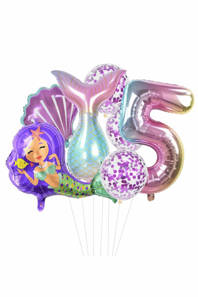 Bunloon Purple Color 5 Year Old Mermaid Themed 6 Piece Balloon Set