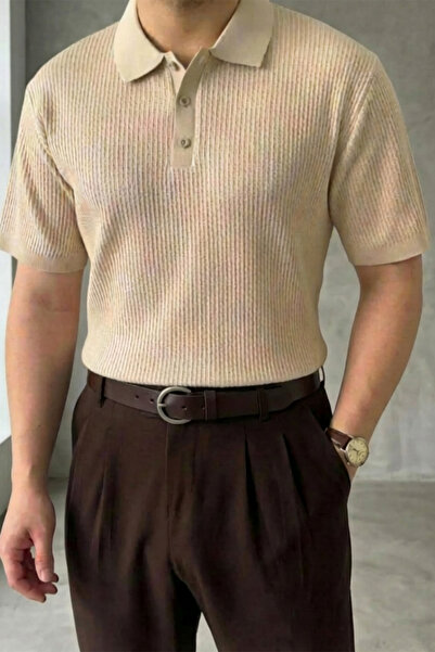 MENOFOURSWEAR Men's Old Money Stripe Textured Short Sleeve Polo Collar T-Shirt