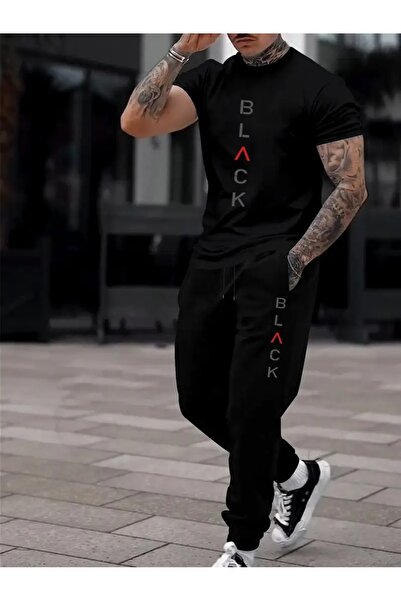 puolikuu Men's Oversize Tracksuit Set - Black Printed T-Shirt - Tracksuit