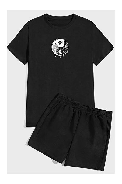 AEMİ Unisex Find Balance Printed Shorts Tshirt 2-Piece Top and Bottom Set