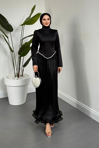 MERVEN AKYÜZ Dania Etek Ucu Fırfırlı Abiye Siyah