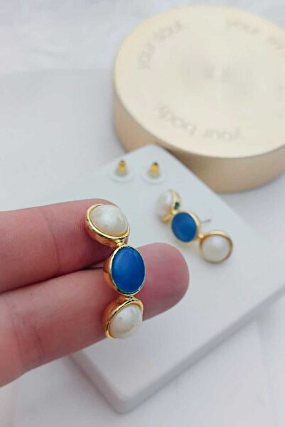 KYOLA DESİGN Pearl Blue Enamel 3 Ball Gold Women's Earrings (Located in the M...