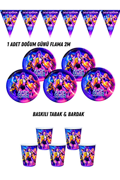 HAPPYLOOPPARTY Kpop K-Pop Demon Hunters Temalı 24 Kişilik Tabak , Bardak , Fl...