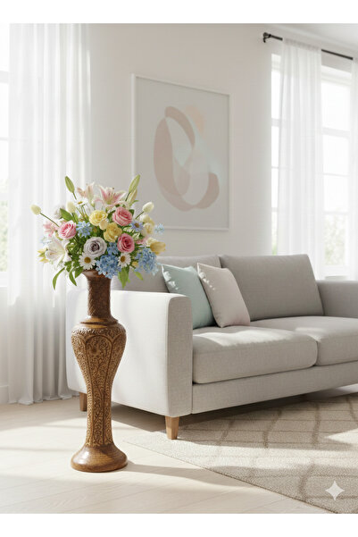 özgürce 80 cm Uzun Masif Ahşap El İşlemeli Vazo, Şık Eskitme Tasarım