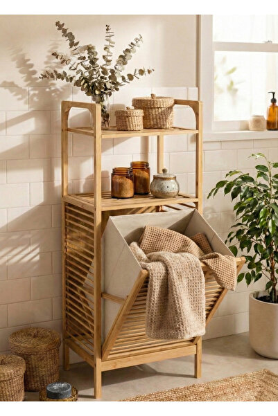 Robin Home Doğal Bambu Kirli Sepetli 2 Raflı Çok Amaçlı Banyo Düzenleyici Çam...