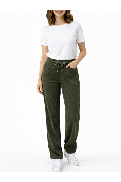 Butik Şans Khaki Corduroy Textured Elastic Waist Lace-Up Loose-Leg Comfortabl...