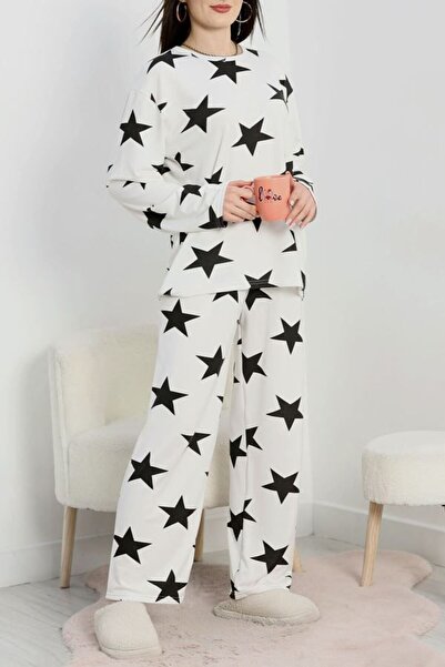 DAS KLEID Printed White Pajama Set Black Star