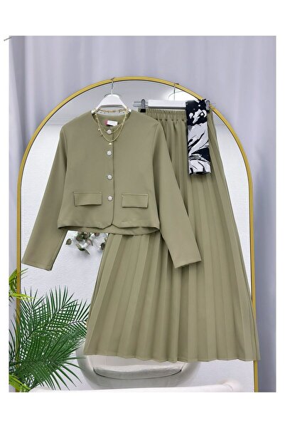 MY QILAM Women's Hijab Jacket Skirt Set Pleated Long Skirt Buttoned Stylish C...