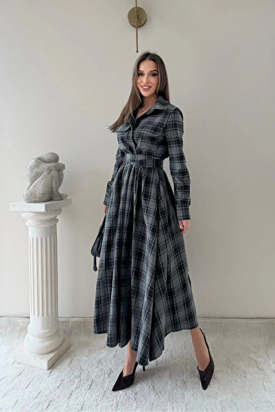 MOZENA Plaid Pattern Waist Belted Long Shirt Dress with Pockets