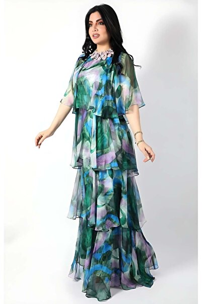 LAVALLEESHOP Layered floral chiffon dress, olive green