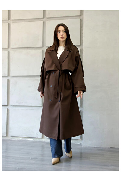 Coral Robalı Double-Breasted Trench Coat 9476 Brown