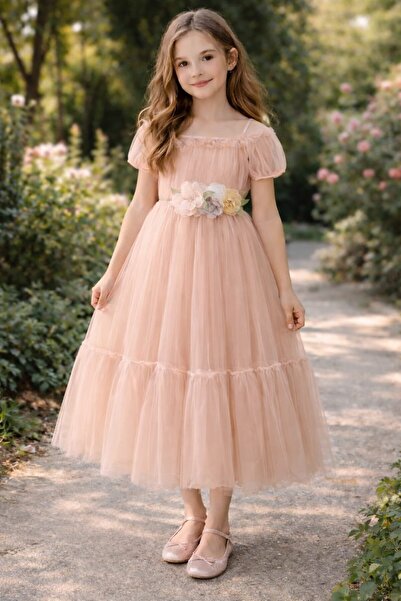 Tarz Çocuk Kız Çocuk Pudra Tüllü Abiye Elbise – Çiçek Kemerli, Kat Kat Prense...