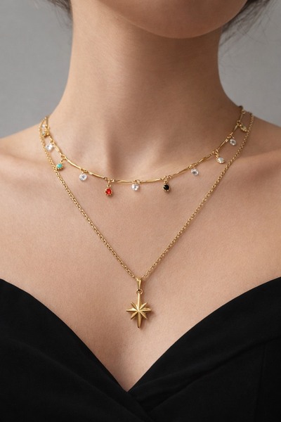 Aurevyn Design İkili Zincir Renkli Taş Detay Kutup yıldızı Çelik Kolye