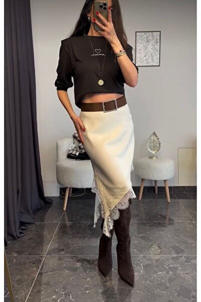 Daphne Asimetrik Kesim Krem Dantel Detaylı Midi Etek