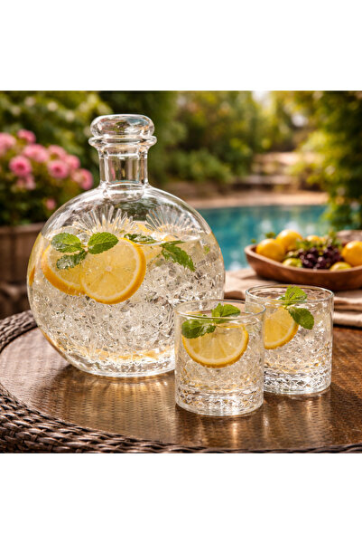 COCEM Yuvarlak 1.2 Litre Kesme Cam Karaf & 2 Bardak | Kristal Görünümlü Premi...