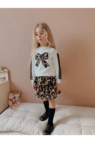 YİGİT BUTİK Girl's Leopard Patterned Bowknot Skirt 2-Piece Set New Season