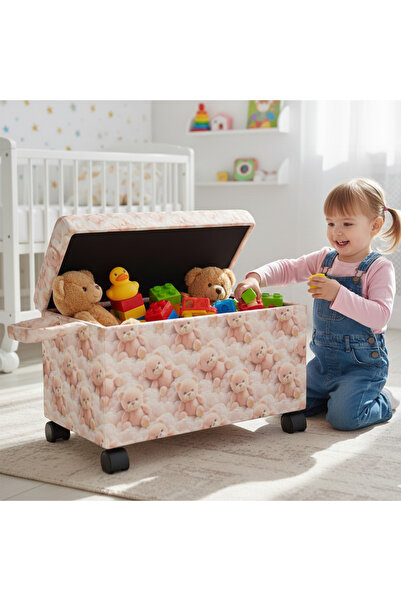 Ratemo Mobilya Ayıcık Figürlü Tekerlekli Oyuncak Sandığı/Pufu – Kapaklı Çocuk...