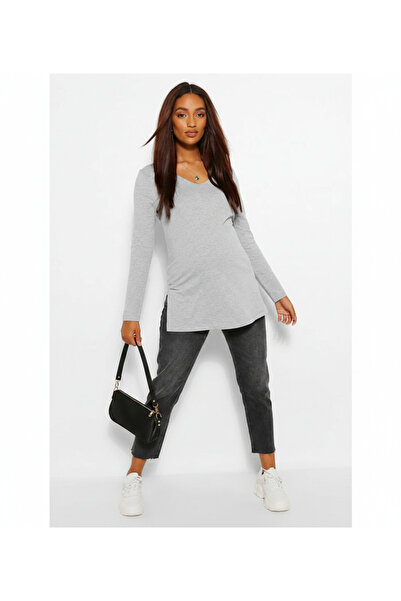 arakan Kadın Uzun Kollu Geniş Yaka Yandan Yırtmaçlı Hamile T-Shirt H1 241