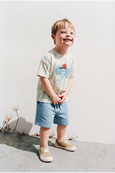 Magu Σετ σορτς για αγόρια με βαμβακερό μπεζ ριγέ μπλουζάκι με στάμπα ελέφαντα...