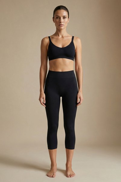Abruzzo Capri Leggings High Waist Gathering Seamless Breathable Stretchy - Black