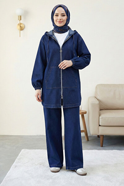 FERHEL Women's Hooded Front Zipper Kangaroo Pocket Jeans Set - Navy Blue