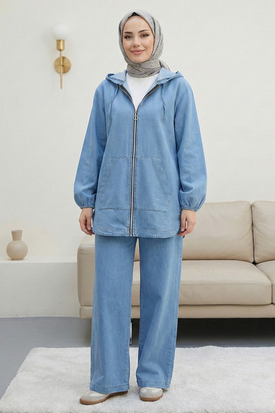 FERHEL Women's Hooded Front Zipper Kangaroo Pocket Denim Set - Light Blue