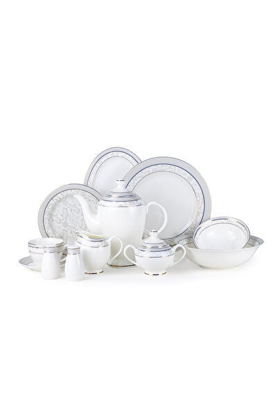 SHALLOW ZOHA 47Pc Bone China Dinner Set, White, Premium Grey & Blue Rim Dinne...