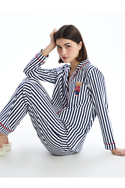 LC Waikiki Rmz Gi̇yi̇m Farkiyla Shirt Roba Collar Striped Women's Pajama Set