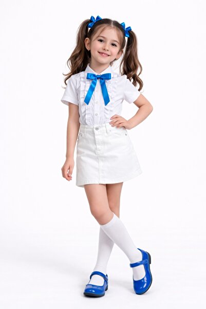 Nacar Kız Çocuk Fiyonklu Beyaz Fırfırlı Gömlek ve Kalem Etek 23 Nisan Gösteri...