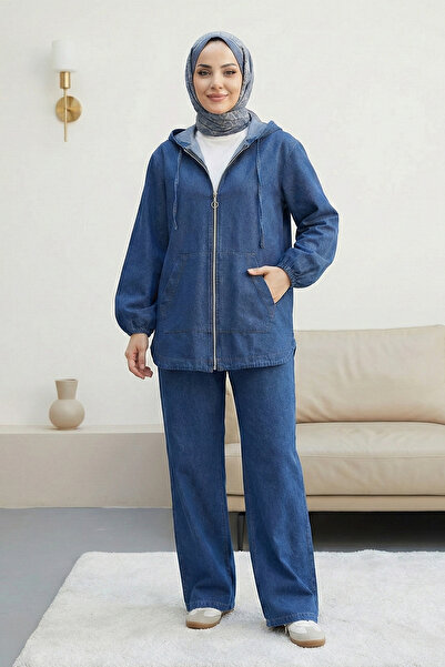 FERHEL Women's Hooded Front Zipper Kangaroo Pocket Denim Set - Indigo