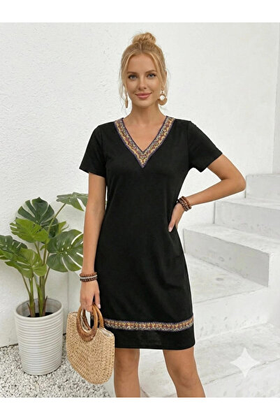 Cool & Sexy Women's Short Sleeve V-Neck Ethnic Stripe Detailed Viscose Dress